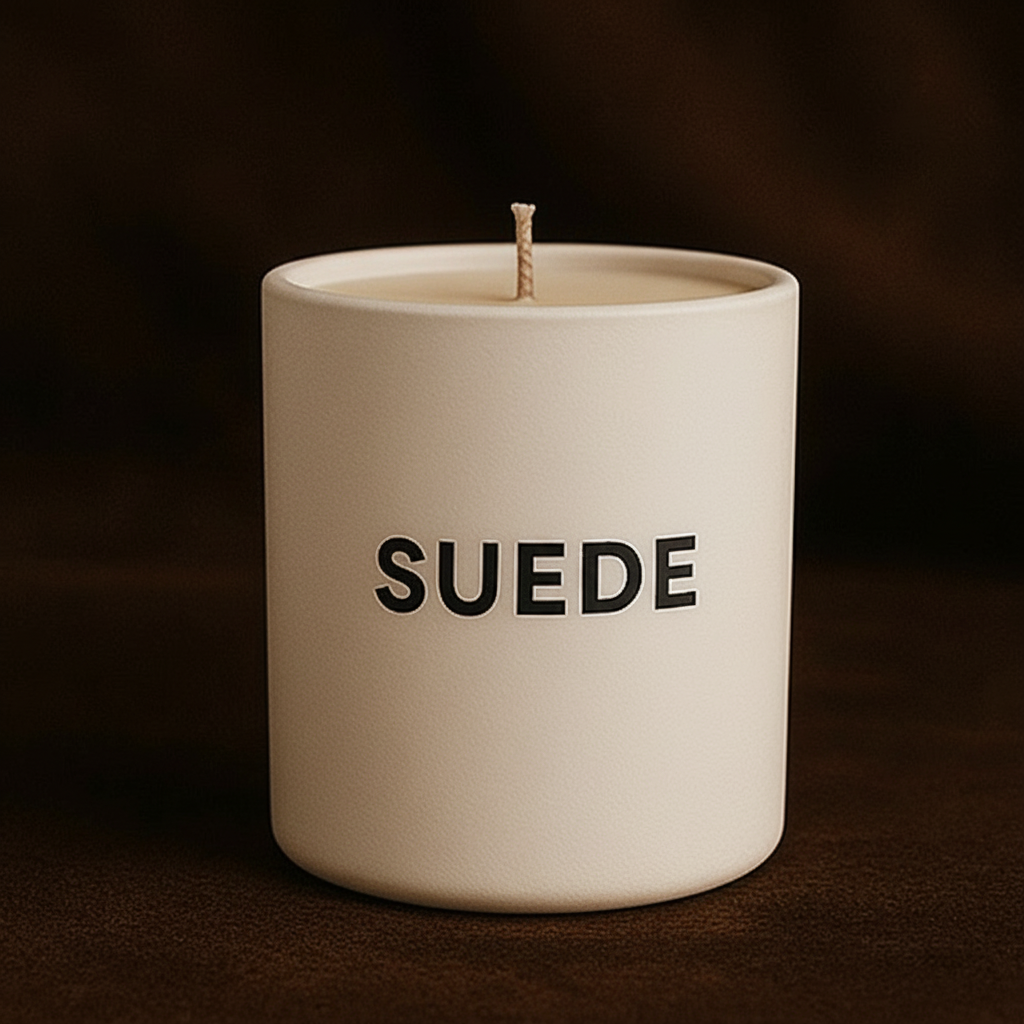 Beige candle with 'SUEDE' text on a dark brown background