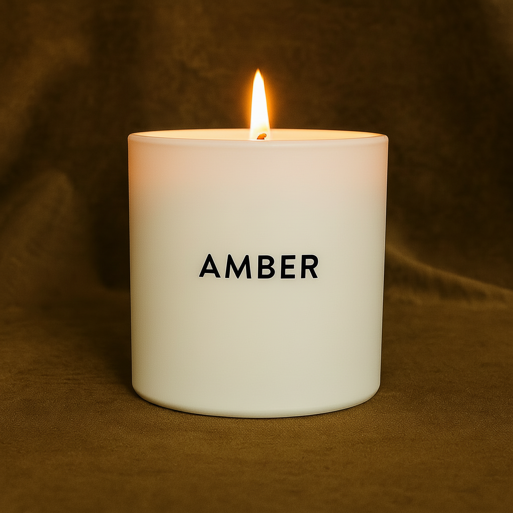 White mug with 'AMBER' text on a brown background