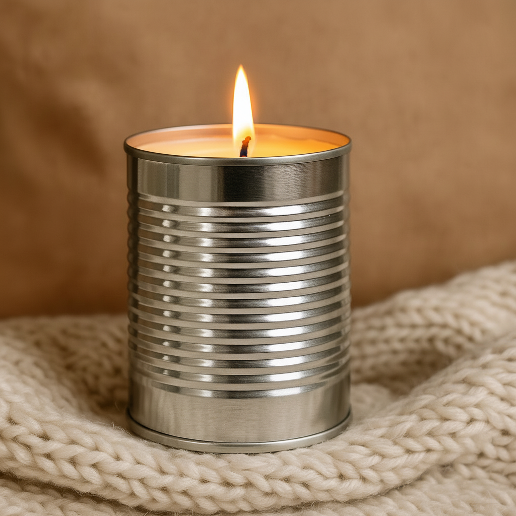 Metal candle on a textured beige surface with a brown background