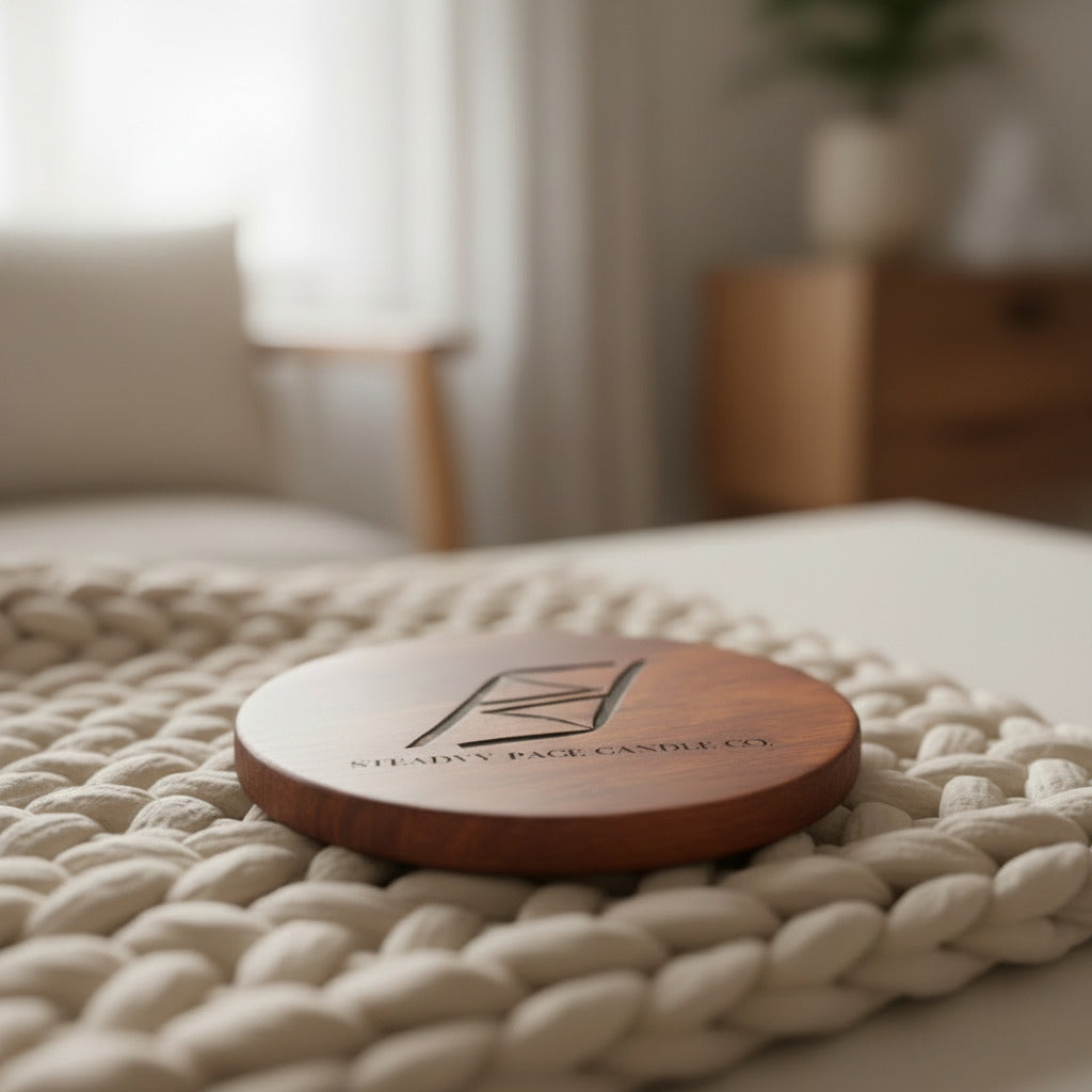 A round wooden coaster with hand stained design and an engraved logo in the center.
